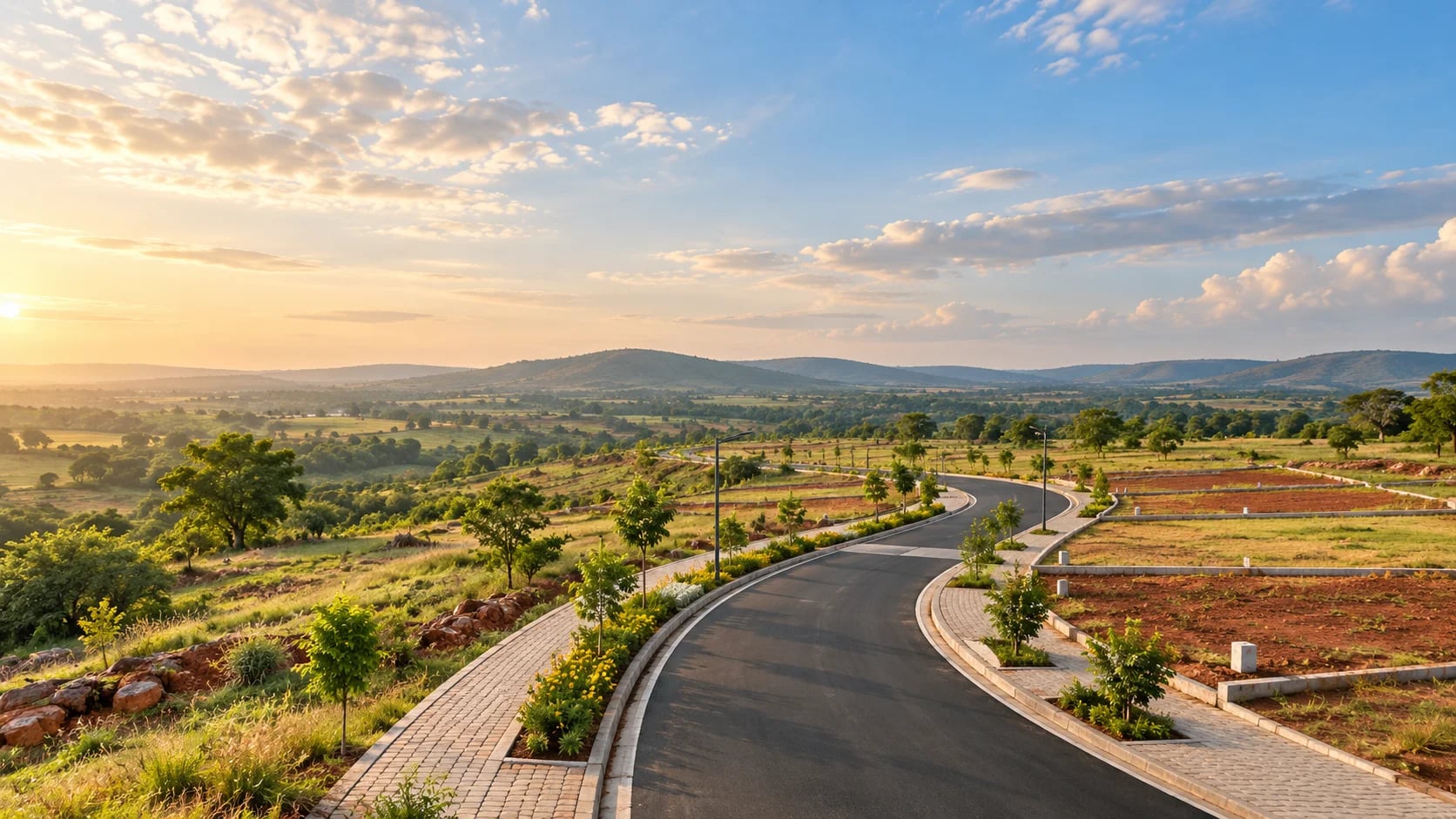 Artist’s impression of Aurora Hills-inspired villa plots, native greenery and a winding avenue in the Dharwad hills